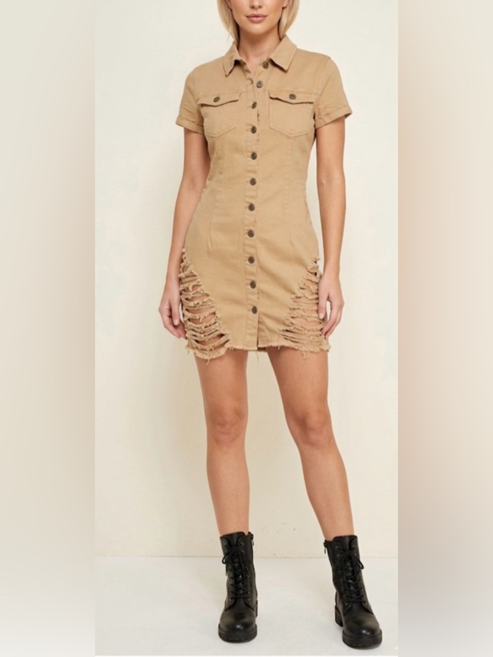 Mebon Khaki Denim Button-Up Mini Dress with Ripped Detail - Small
